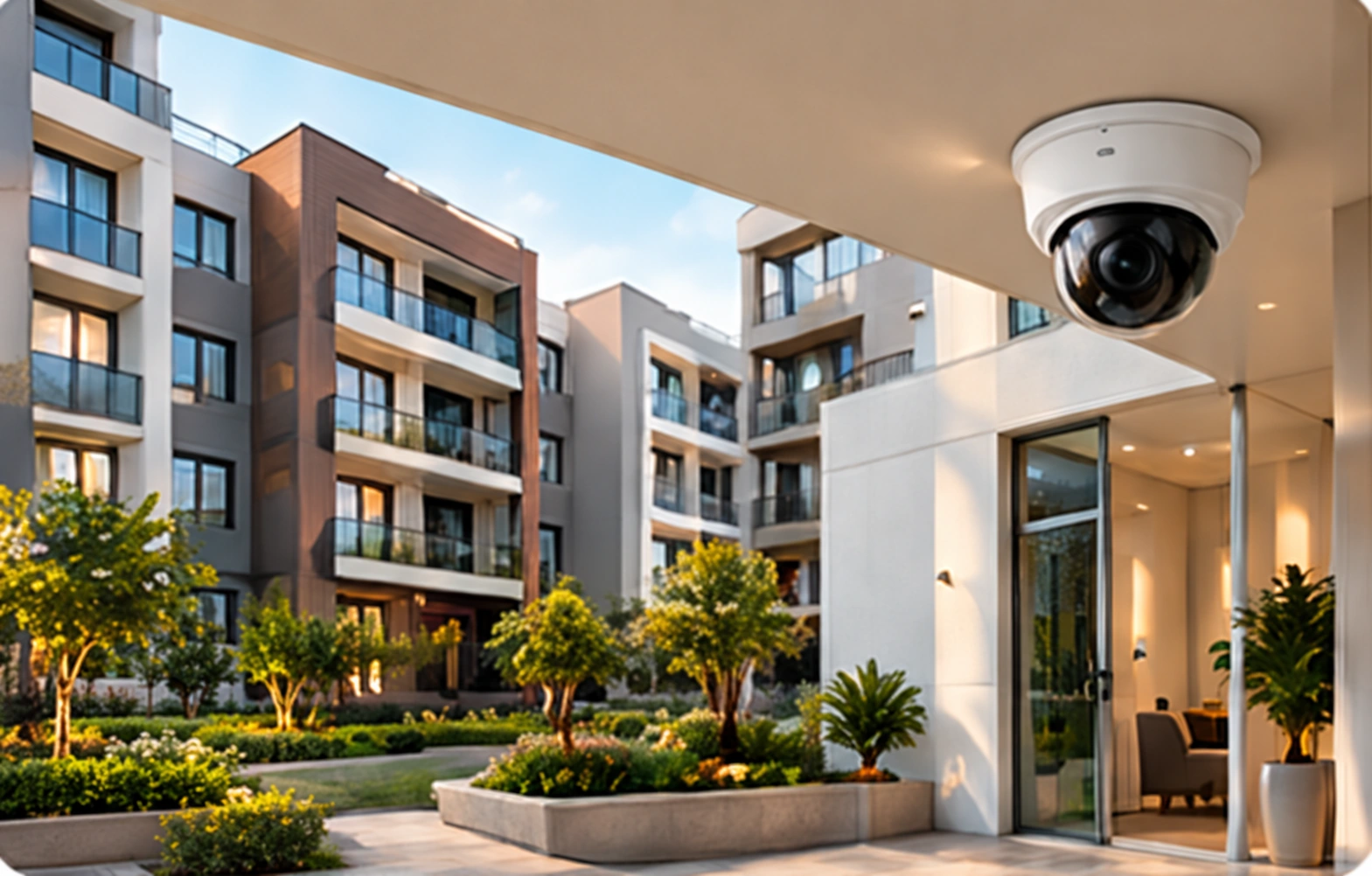 Apartman girişindeki dome kamera ve peyzajlı ortak alan