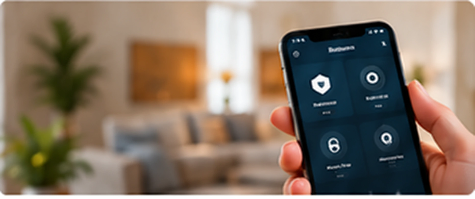 Akıllı ev kontrol ekranını gösteren telefonu tutan el ve salon arka planı
