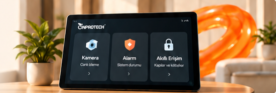 Bitki ve turuncu cam halka yanında akıllı ev kontrol tableti