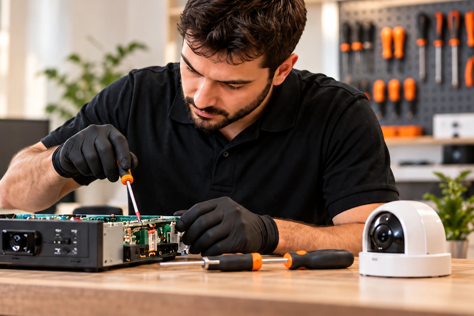 Teknisyen atölyede kayıt cihazının elektronik bileşenlerini inceliyor