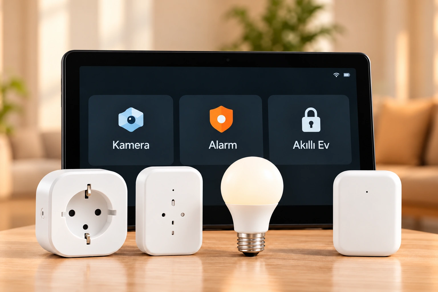 Kontrol paneli, akıllı priz, ampul ve sensörlerden oluşan akıllı ev seti
